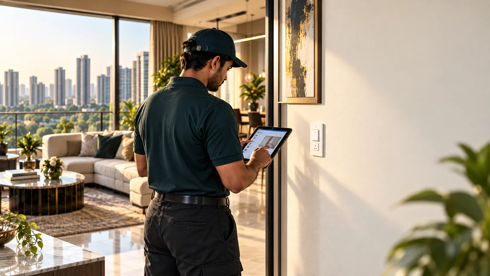A High Properties inspector documenting a unit on a tablet during a scheduled visit