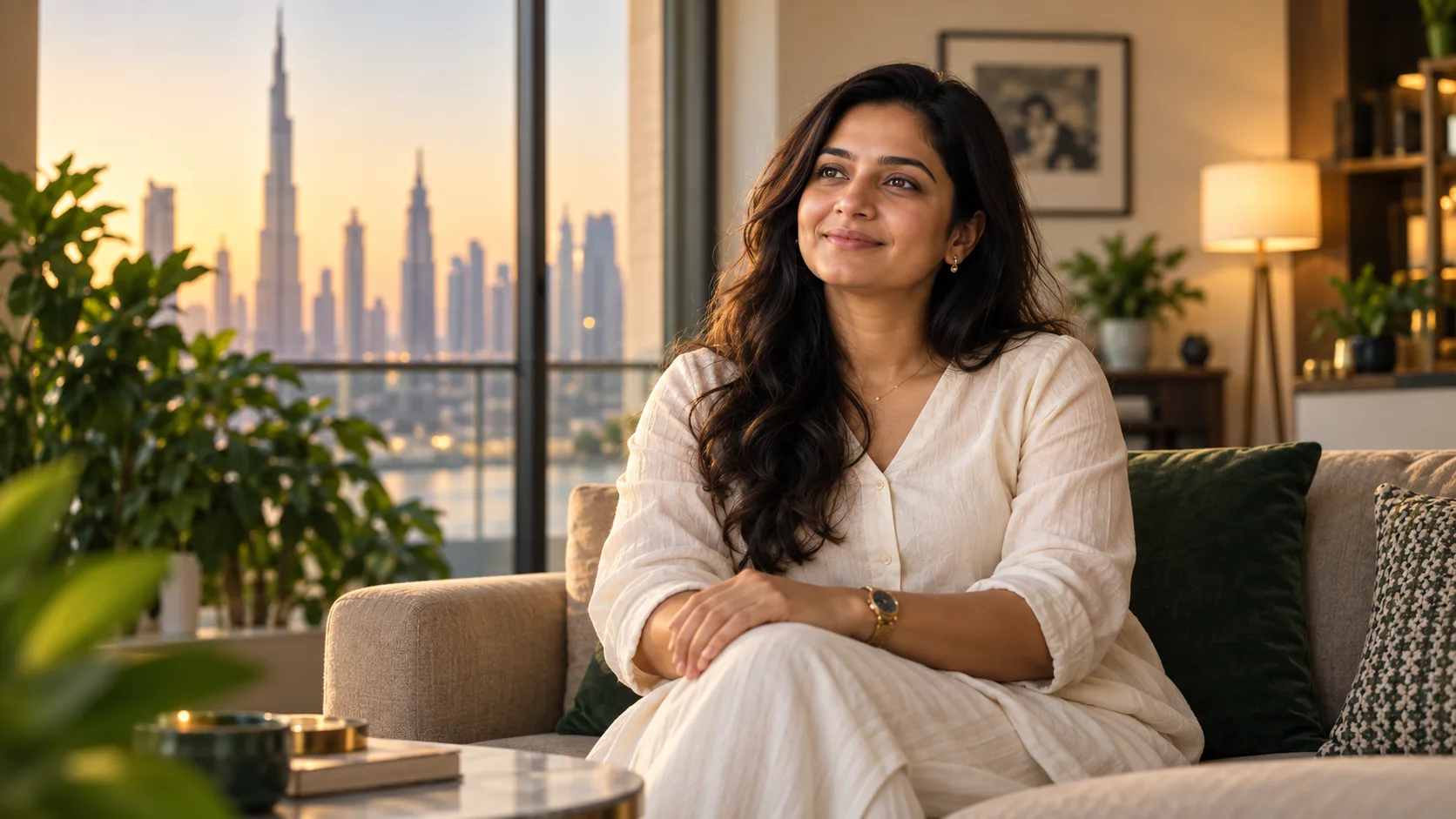 Ananya Mehra at home in Dubai, speaking about her managed Gurugram property